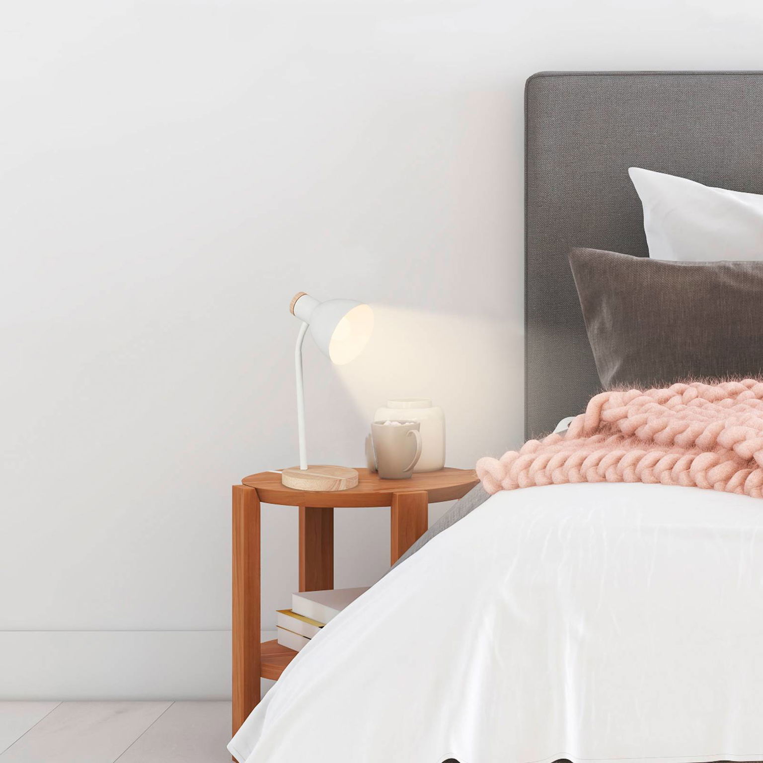 Stolová lampa Prep, biela, kov, drevo, E14 – obrázok 3