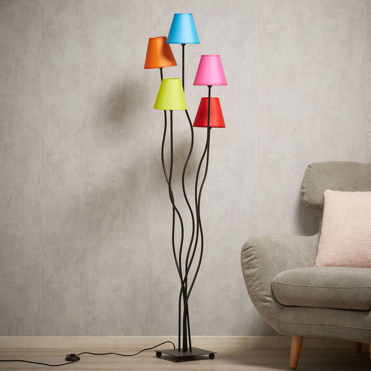 Textilná stojaca lampa Colori 5-plameňová pestrá – obrázok 2