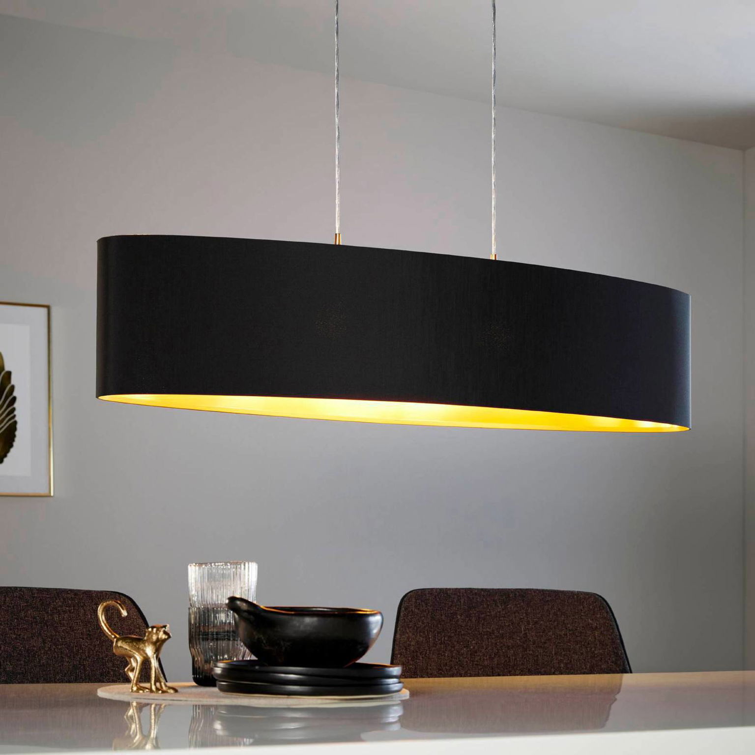 Textilná závesná lampa Lecio, ovál 100 cm čierna – obrázok 3