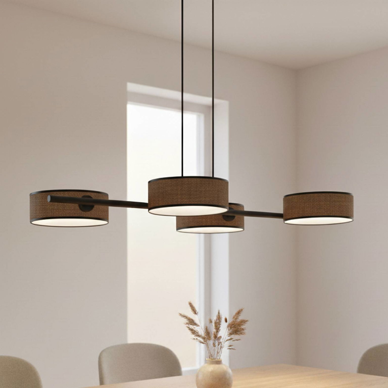 Závesné svietidlo Drumz 4, hnedé, látka/oceľ, dĺžka 80 cm, E14