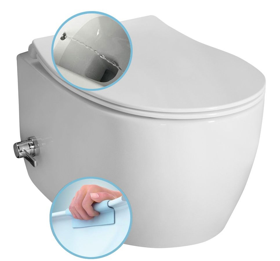 ISVEA - SENTIMENTI CLEANWASH závesná WC misa, integrovaný ventil a bidetová spŕška, Rimless, 36x51cm, biela 10ARS1010
