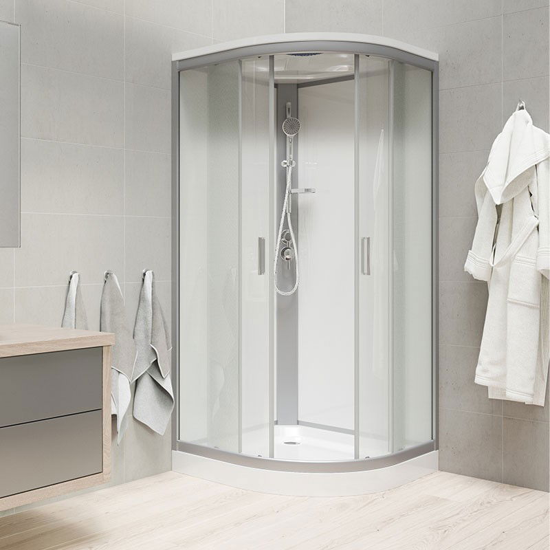 Mereo Sprchový box, štvrťkruh, 80 cm, satin ALU, sklo Point, zadné steny biele, SMC vanička, so strieškou CK35172KBSW