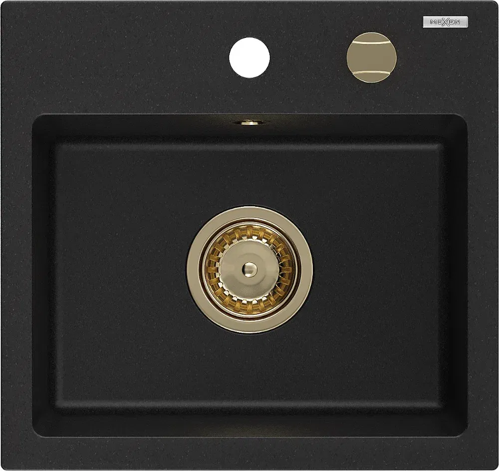 MEXEN/S - Milo granitový drez 1-miska 435 x 410 mm, čierny, zlatý sifón 6505441000-77-G